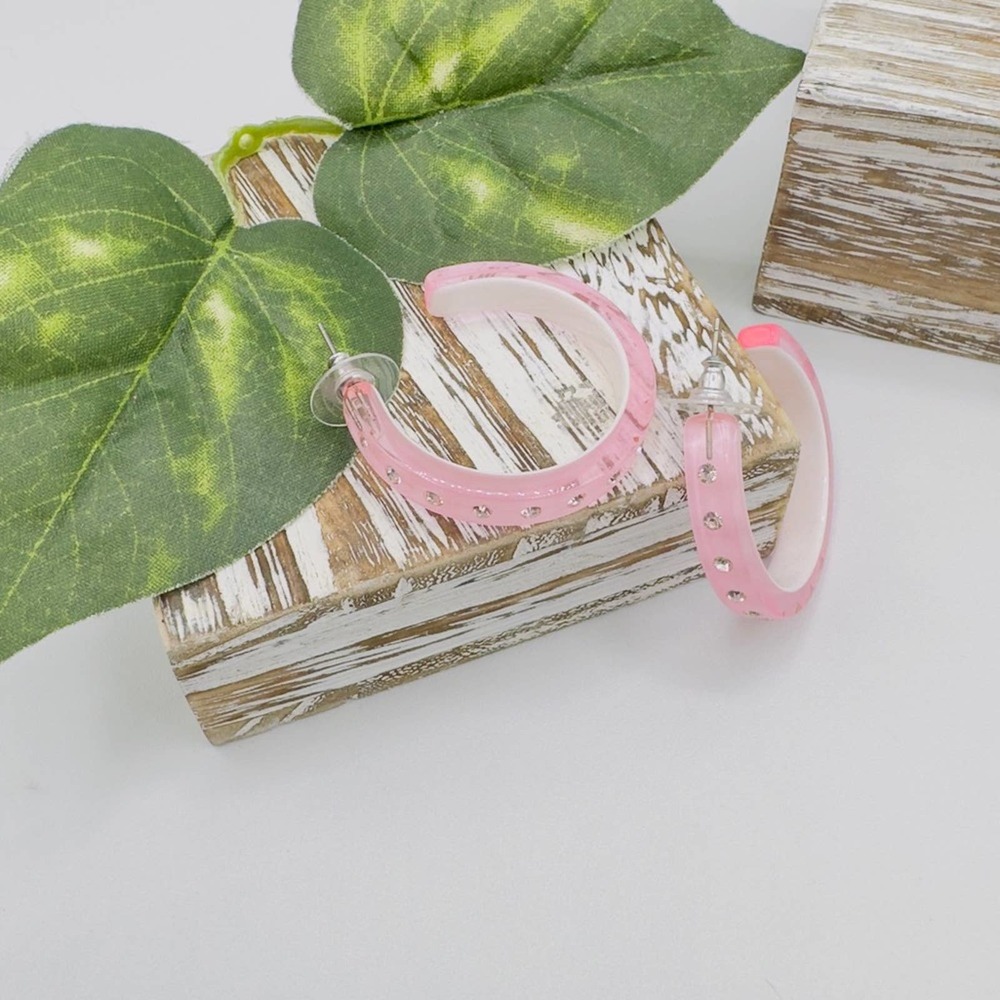 Vintage Pink & White Lucite Rhinestone Hoop Earrings
